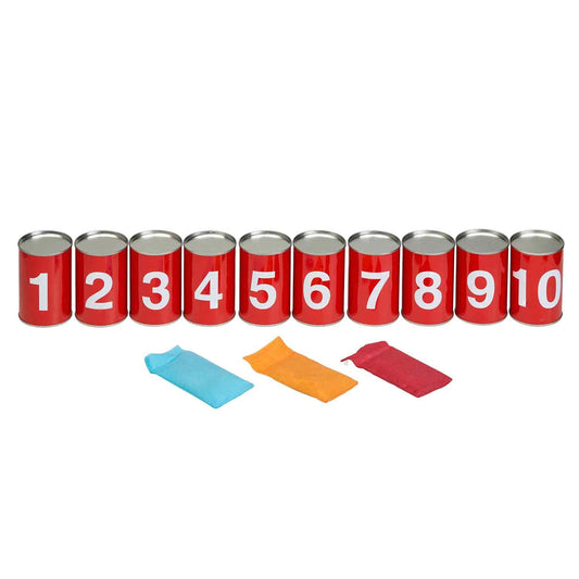 Idena 40189 - Game set can throwing with 10 numbered metal cans and 3 sandbags, tossing and skill game for birthday parties, in the garden or park.