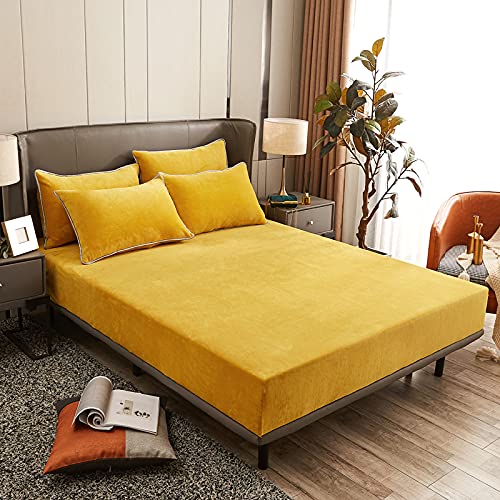Damier Plush Fitted Sheet 200x200cm Gold Yellow Fluffy Bed Sheet Winter Warm Cashmere Touch Fitted Sheet Suitable for 30cm Mattress