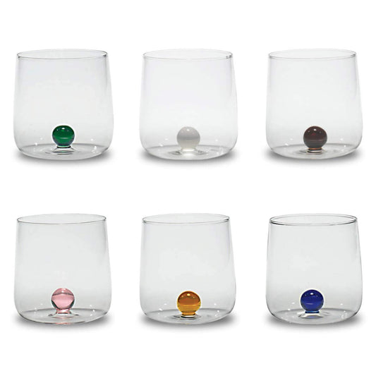 Saffron Bilia Tumbler Set 6 water glasses clear with ball in 6 different colors.