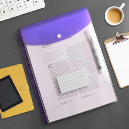 Vakki A4 Document Folder, 12pcs Transparent A4 Document Pouches for Filing, Expandable Collection Folder with 11 Hole Edges, Snap Button for Organizing Documents - 6 Colors