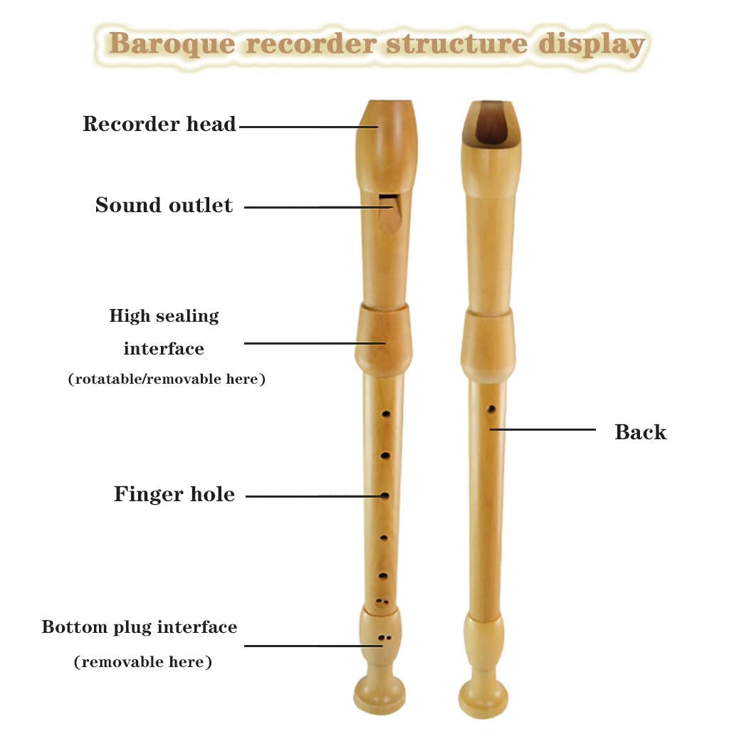Adults' detachable alto maple block flute, 8-hole F flute for adults in the Baroque style, with storage bag and cleaning rod (Natural, Baroque F)