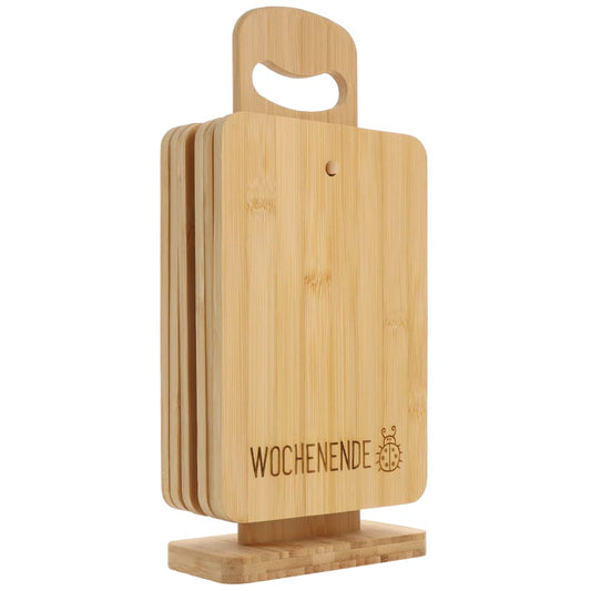 Ready to use | Set of 6 bamboo breakfast boards with stand | Wooden board stand with breakfast boards | Cutting board set "Days of the Week - Kids" | Funny kitchen accessory