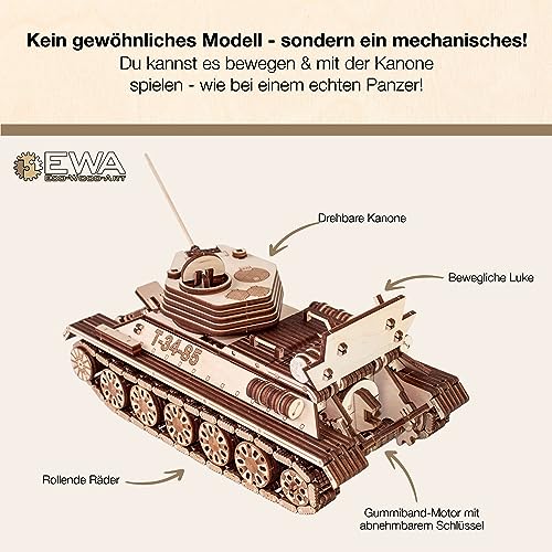 EWA Eco-Wood-Art 3D Puzzle for Adults 3D wooden puzzle with rubber band motor, wheels, and rotating cannon 965 pieces DIY wooden tank model kit T-34-85 for adults and teenagers 14+