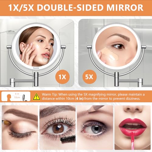 Auxmir makeup mirror with LED lighting, 1X / 5X magnification, double-sided stainless steel vanity mirror, wall-mounted for bathroom, spa, and hotel.
