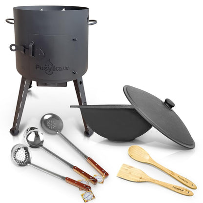 Utschak fire oven with cast iron pot flat bottom with lid 12 L Ø 40 cm Kazan skimmer for Plov 48 cm, ladle for Plov 48 cm, deep skimmer for Plov 48 cm, wooden spatula (Set of 5)