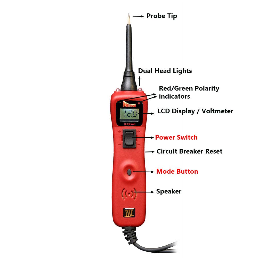 Power Probe 3 circuit tester for automotive electrical systems. A must-have tool for car mechanics and workshops. 12-24V digital multimeter. Activates components by providing power and ground. PP3CSRED.