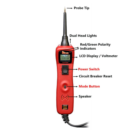 Power Probe 3 circuit tester for automotive electrical systems. A must-have tool for car mechanics and workshops. 12-24V digital multimeter. Activates components by providing power and ground. PP3CSRED.