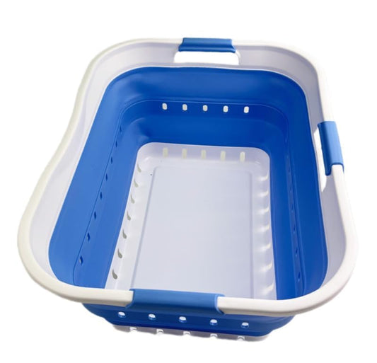 SAMMART 42L Plastic Foldable Laundry Basket - Foldable Pop-Up Storage Container/Organizer - Portable Laundry Hamper - Space-saving (1, White/Little Boy Blue)