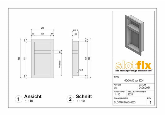 slotfix® tileable ready-to-install wall niche 60x30x10cm as a shower shelf in drywall provides more storage space in bathroom & Co. Exclusive storage with center divider.