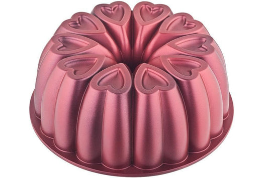 Generic cake pan with non-stick coating, heart shape, 10-inch baking mold, ribbed aluminum casting, easy to clean, durable, titanium coating (Red, Round)