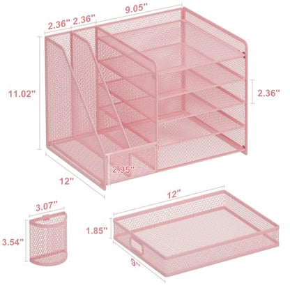 Marbrasse Desk Organizer with File Holder, 5 Compartments, Paper and Letter Tray, with Drawer and 2 Pen Holders, Mesh, Storage with Magazine Rack for Office Supplies, Pink