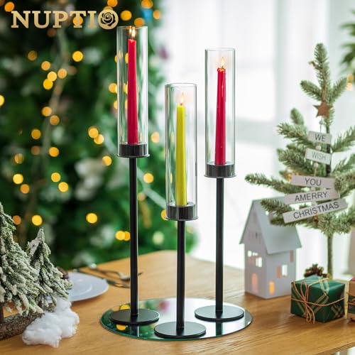 Nuptio glass cylinder candle holder black: 60 & 55 & 50cm clear glass metal candlestick pillar candle holder large baseless cylinder shade wedding table centerpiece
