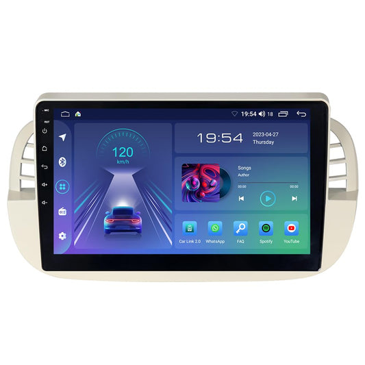 ACAVICA Android Car Stereo 14 with CarPlay & Android Auto, 9-inch touchscreen, Bluetooth, navigation, WiFi, DAB+, dual USB, for FIAT 500 500C 2007-2015, Apple CarPlay display, Android Auto screen.