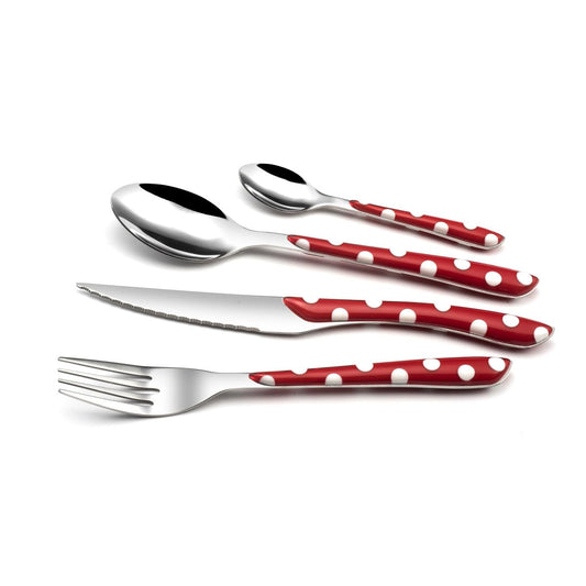 Amefa ECLAT cutlery, dining cutlery for 4 people, stainless steel with high-quality red polka dot plastic handles, 16 pieces.