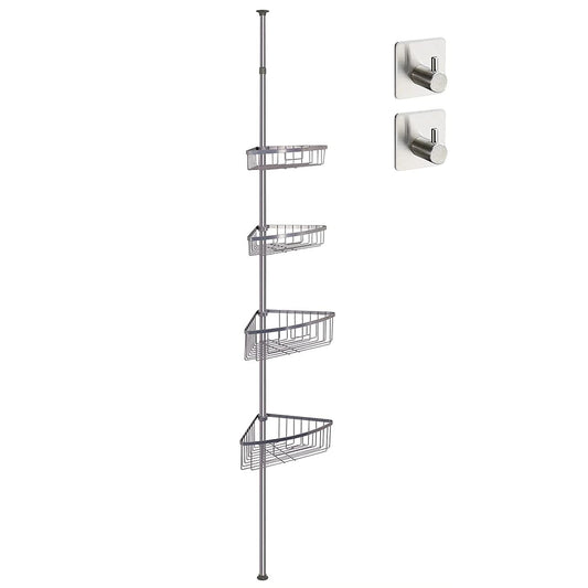 smartpeas telescopic shower caddy without drilling - 4 baskets - adjustable size from 76 to 280 cm - rubberized end caps - powder-coated steel with chrome finish + 2 adhesive hooks