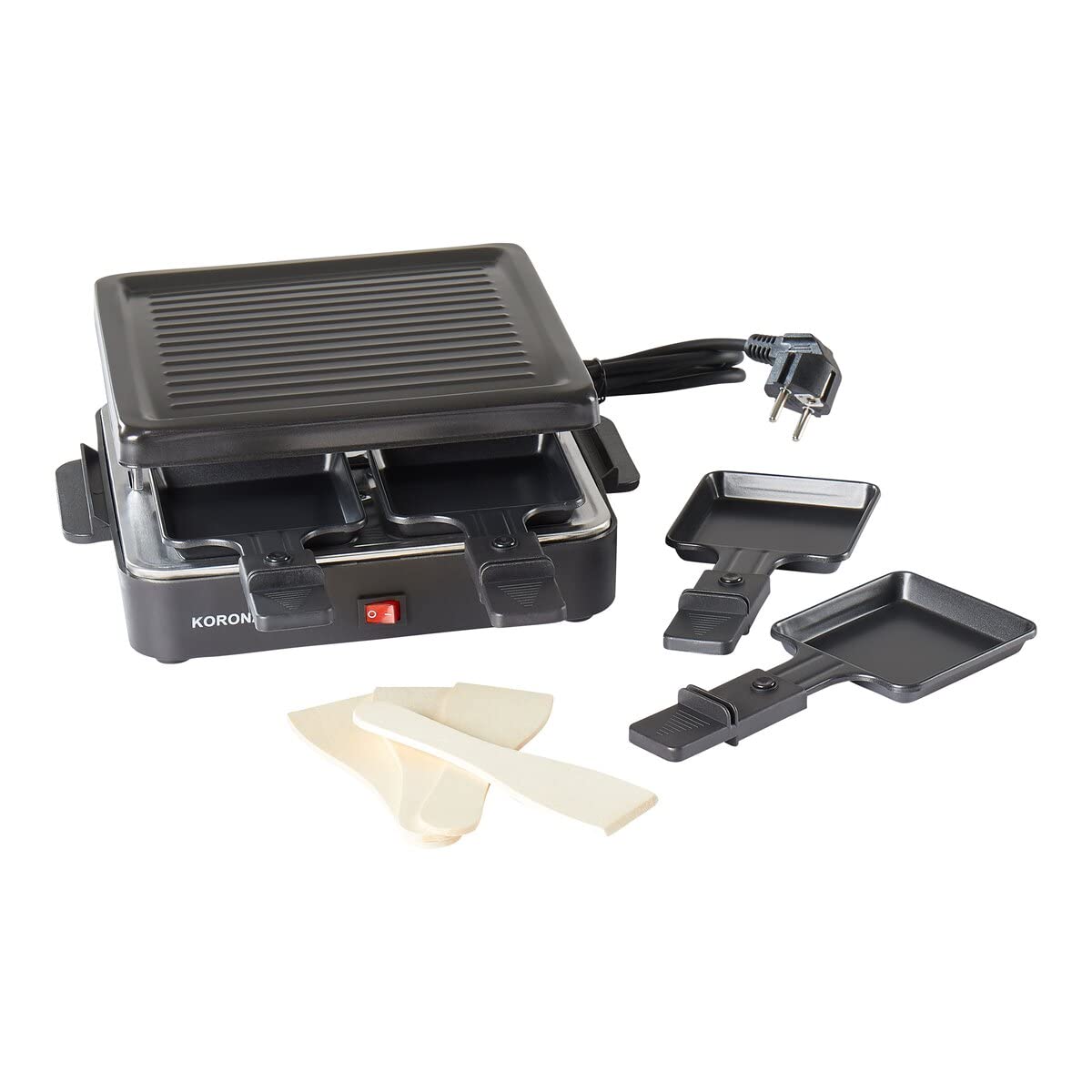 Corona 45081 Raclette for 4 people, small and square. Non-stick grill plate with 4 pans and 4 wooden spatulas. 600 watts.