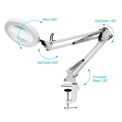 LED magnifying lamp, workplace light, 8 diopter magnifier with light - with clamp & stand, swivel arm, dimmable, 3 color modes, magnifier for reading, crafting - 8x magnification (white)