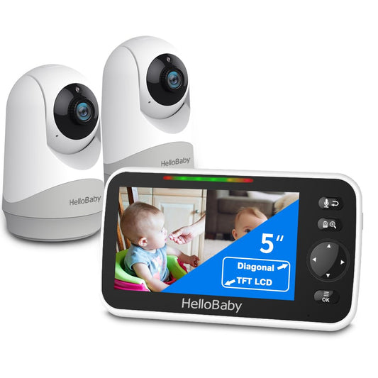 HelloBaby Video Baby Monitor, 5-inch split screen with dual cameras, remote control cameras with night vision and temperature monitoring, ECO mode, two-way talk.