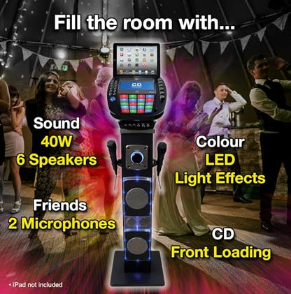 KARAOKE Easy Bluetooth System with Speaker Stand - Professional CDG system with 6 speakers, LED disco lights, 7-inch color TFT screen + 2 microphones