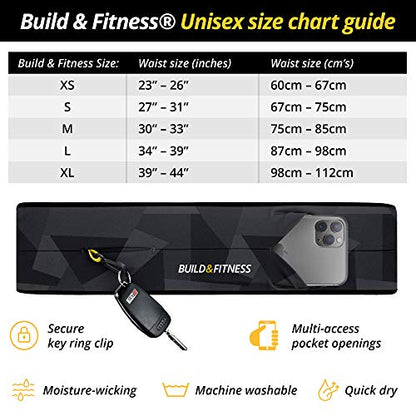 Build & Fitness running belt, flip waist pouch, key clip, suitable for iPhone, Samsung.