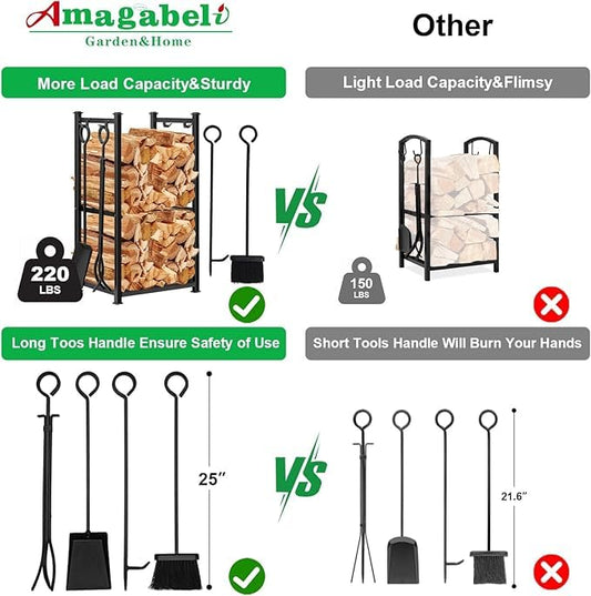 Amagabeli Fireplace Log Rack with 4 Fireplace Tools 72x46x30cm Indoor Firewood Stand Fireplace Log Rack Fireplace Tool Set Outdoor Wood Rack 2 Shelves Wrought Iron Firewood Rack Fireplace Tools Black