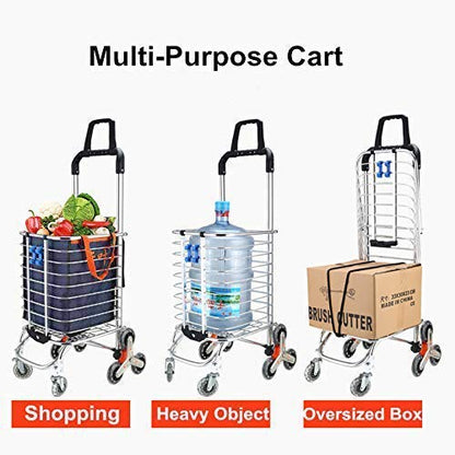 Shopping cart with wheels | foldable multipurpose dolly for climbing stairs with removable waterproof bag and durable 8 wheels and aluminum alloy frame (30 x 45 x 95 cm) Navy Blue