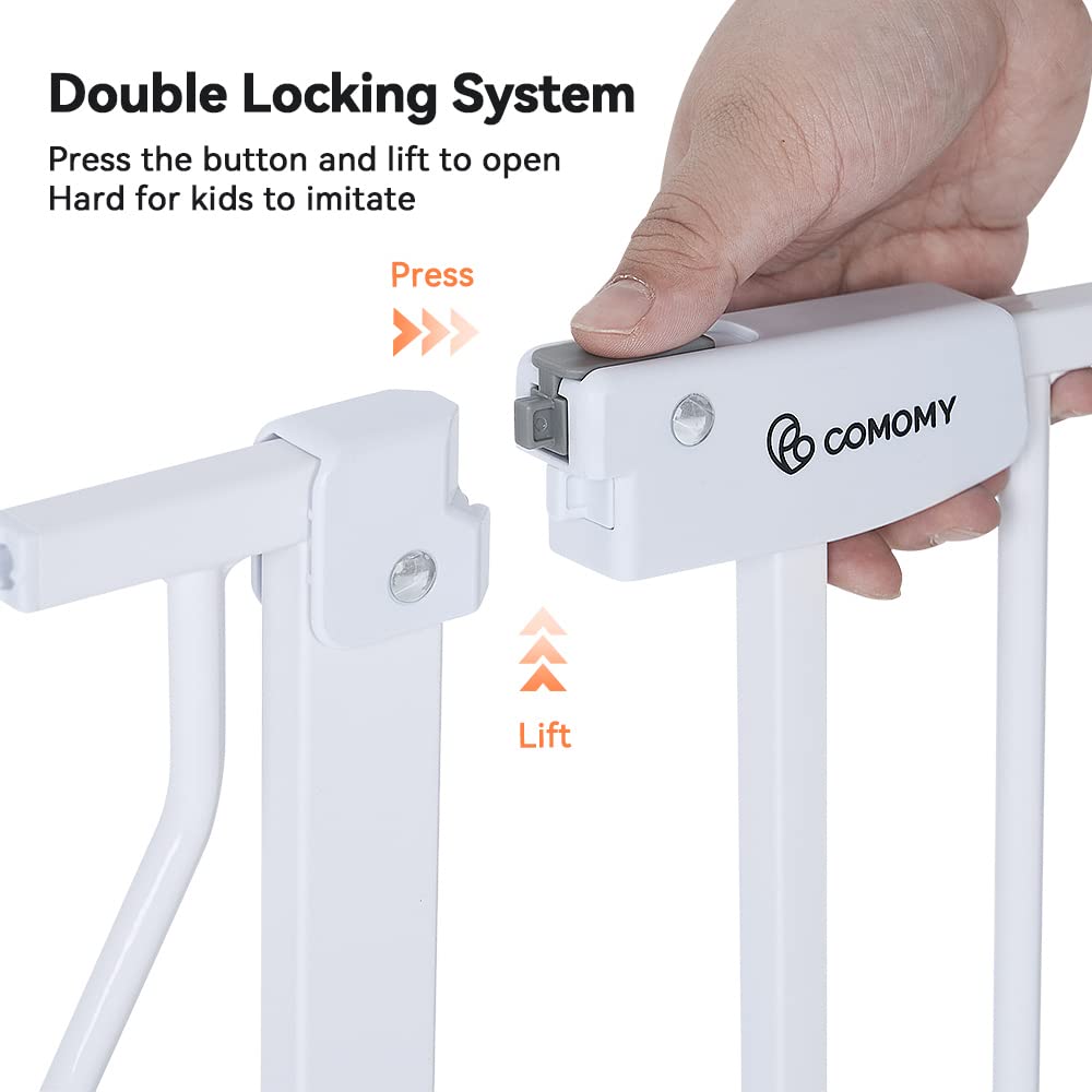 COMOMY Stair Gate/Door Gate Without Drilling, 75-123cm Automatic Closing Dog Gate with Cat Door, Sturdy Baby Safety Gate/Stair Gate, Ideal for Kids and Pets, White
