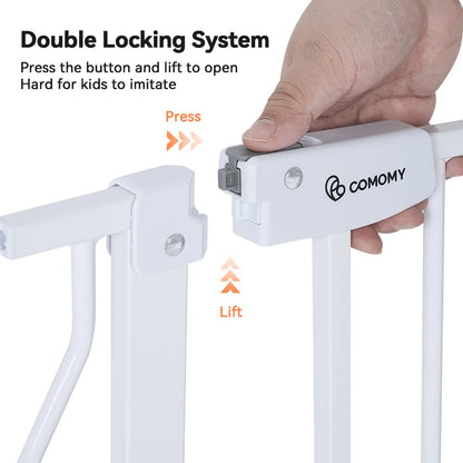 COMOMY Stair Gate/Door Gate Without Drilling, 75-123cm Automatic Closing Dog Gate with Cat Door, Sturdy Baby Safety Gate/Stair Gate, Ideal for Kids and Pets, White