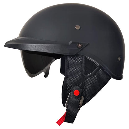 Retro helmet with ECE certification, suitable for scooters, cruisers, choppers, skateboards. Anti-collision motorcycle half helmet with visor for men and women. Available in matte black, size L.