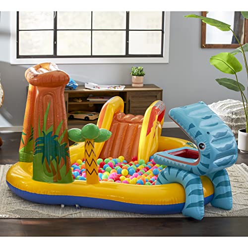 Intex Dinosaur Water Sprayer Play Center measuring 20 x 1.2 m, inflatable kids pool with colorful Fun Ballz, 100 pieces.
