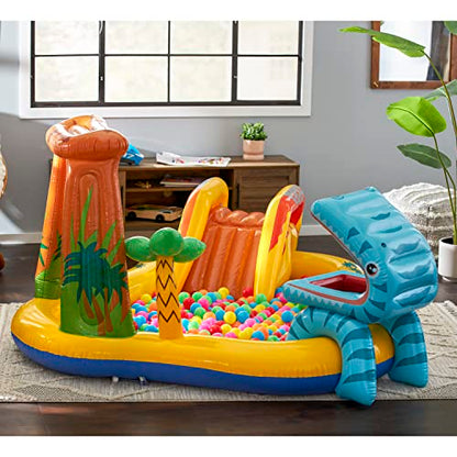 Intex Dinosaur Water Sprayer Play Center measuring 20 x 1.2 m, inflatable kids pool with colorful Fun Ballz, 100 pieces.
