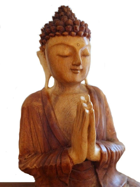 livasia Buddha figure made of wood 30cm high - Balinese craftsmanship - Buddha decoration figures made of Suar wood, unique light-dark contrast, traditional handcrafted, each piece a unique piece