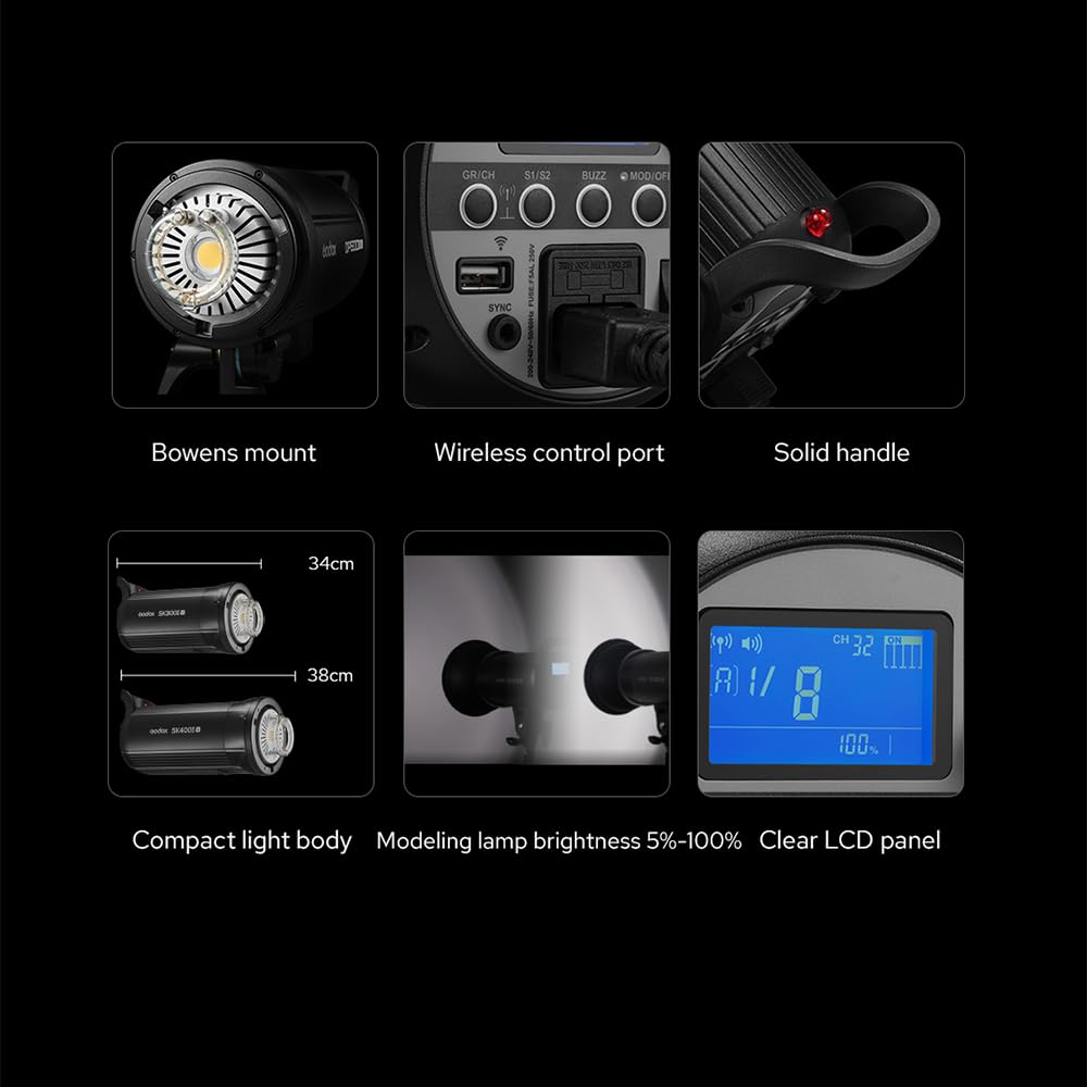 GODOX SK400II-V 400Ws 5600K Bowens Mount Photo Studio Strobe Light, Built-in 2.4G Wireless X System with LED modeling lamp Photography Flash