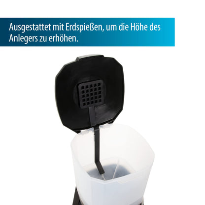 AquaForte Fishfeeder 6 liter Solar, 1-6 feedings/day, feeding time up to 20 sec, pellet size 3-10 mm, ejection range ± 1, 2 or 3 m, distribution angle: 120° horizontal, incl. solar panel.