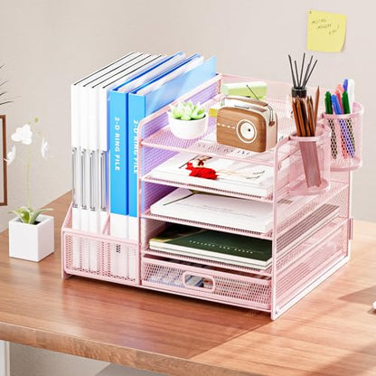 Marbrasse Desk Organizer with File Holder, 5 Compartments, Paper and Letter Tray, with Drawer and 2 Pen Holders, Mesh, Storage with Magazine Rack for Office Supplies, Pink