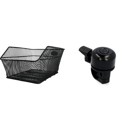 FISCHER Carrier Basket School, bike basket, tight mesh, theft-proof, suitable for e-bikes, load capacity 25 kg, black & Mini bicycle bell, black, One Size