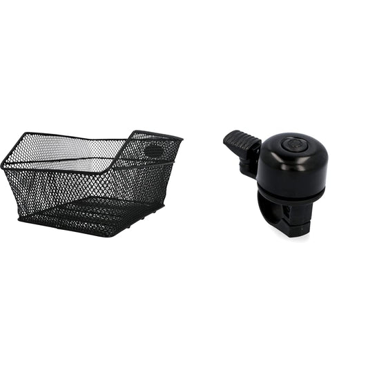 FISCHER Carrier Basket School, bike basket, tight mesh, theft-proof, suitable for e-bikes, load capacity 25 kg, black & Mini bicycle bell, black, One Size