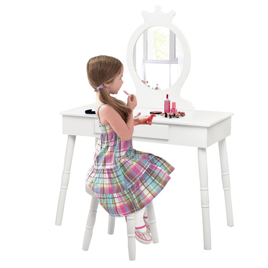 GOPLUS Kids Vanity Set with Stool, Girls Dressing Table with Mirror, Children's Cosmetic Table with Drawer, Wooden Makeup Dresser for Kids' Room (White)