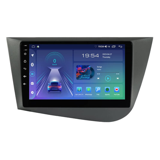 JUNHUA 9" Android 12 2GB+32GB car radio navigation for SEAT Leon MK2 2005-2012, with 1280*800 resolution. Supports Wireless Carplay, Android Auto, GPS, Bluetooth, DSP, FM Radio, RDS, WiFi. Car multimedia system.