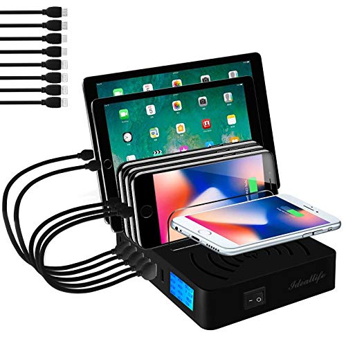 Wireless charging station for multiple devices with 8 ports. Comes with 8 short cables. QC3.0 fast USB charger compatible with iPhone, iPad, Samsung smartphones.