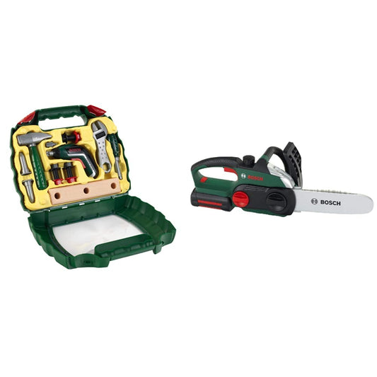 Theo Klein 8394 Bosch Ixolino Case with Hammer, Wrench, and more & 8399 Bosch Chainsaw I Realistic, child-friendly replica I Size: 13 cm x 39.5 cm x 14 cm I for ages 3+