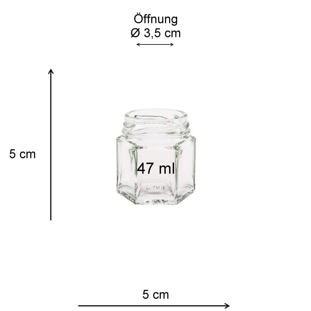Viva Household Goods - 32 x Mini Mason Jar 47 ml with gold-colored lid, hexagonal glass jars usable as jam jars, spice jars, party favors, etc. (including funnel Ø 12.3 cm)