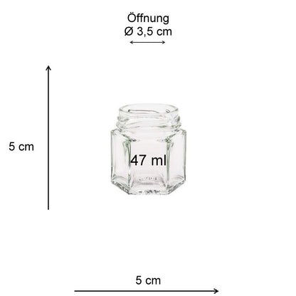 Viva Household Goods - 32 x Mini Mason Jar 47 ml with gold-colored lid, hexagonal glass jars usable as jam jars, spice jars, party favors, etc. (including funnel Ø 12.3 cm)