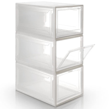 Yorbay Shoe Box, set of 3, stackable shoe organizer, plastic box with transparent door, reusable shoe storage, 37x26x20 cm, for shoes up to size 48, White