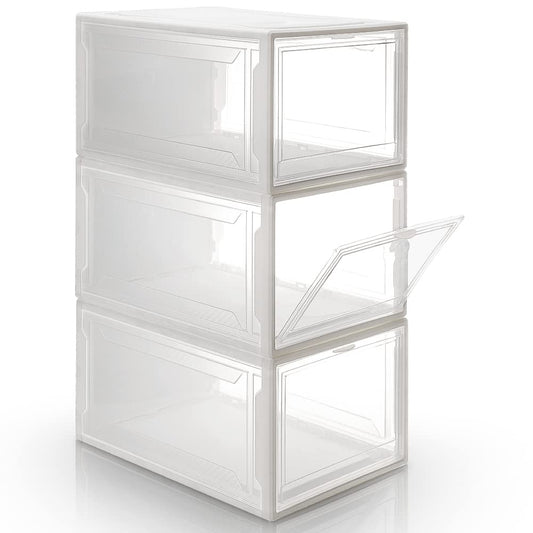 Yorbay Shoe Box, set of 3, stackable shoe organizer, plastic box with transparent door, reusable shoe storage, 37x26x20 cm, for shoes up to size 48, White