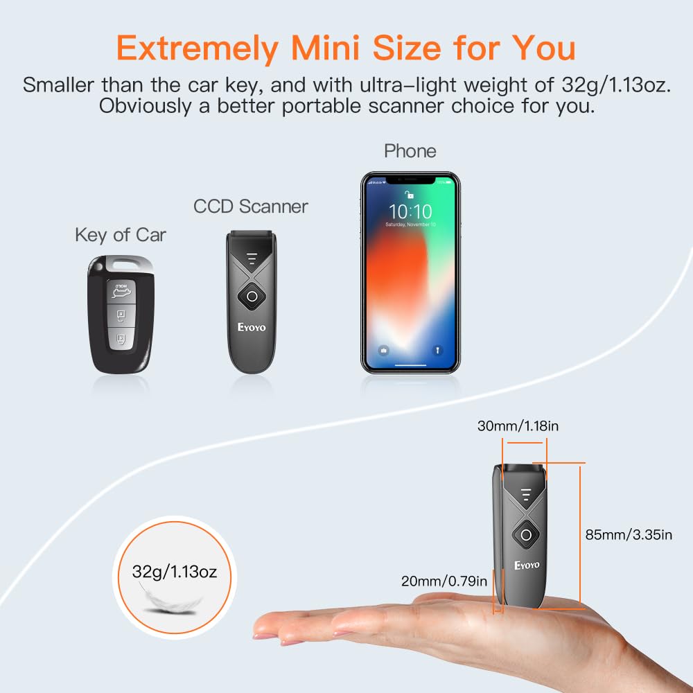 Eyoyo Mini 2D Bluetooth Wireless Barcode Scanner, with Upgraded Scanning Sensor Portable 1D QR Code Scanner, Bluetooth/2.4G Wireless Pocket Inventory Barcode Reader for Tablet iPhone Android iOS PC.