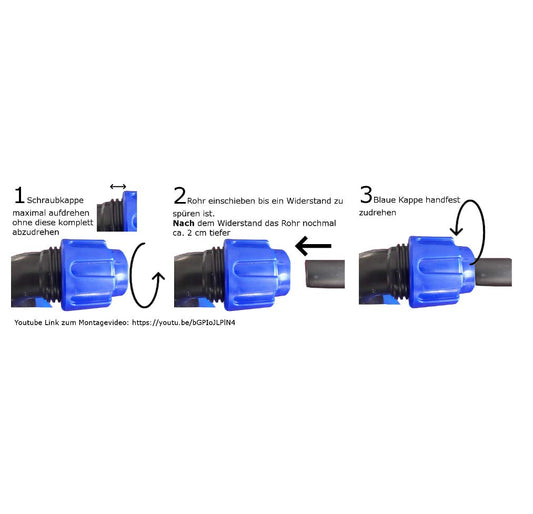 VOXTRADE Connection set for IBC tanks, 3-port ball valve, polyethylene (PE), brass, steel, blue, CE, EN 1074-1, 3/4" thread, 1/2" PE outlet, max. 10 bar, Gardena-like connection.