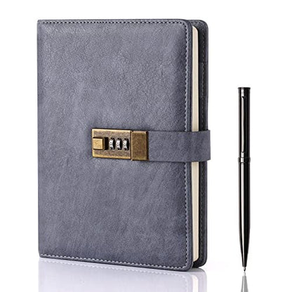 WEMATE diary with lock, A5 PU leather journal with lock, 240 pages, lockable diary planner organizer for men and women, 8.6x5.8 inches