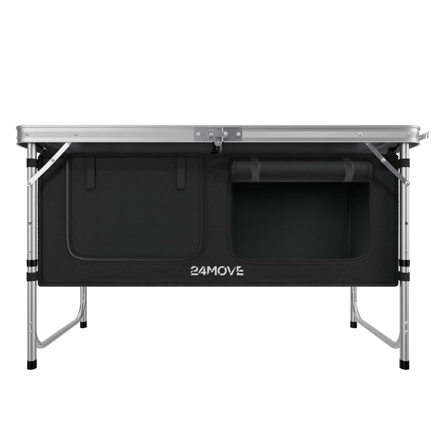 24MOVE® Camping Kitchen Praia, foldable and adjustable camping cupboard made of aluminum with worktop and storage compartments, suitable for outdoor camping, portable.
