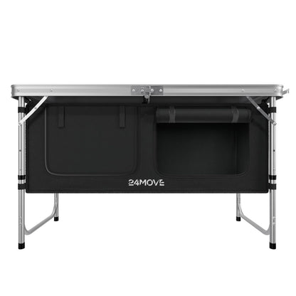 24MOVE® Camping Kitchen Praia, foldable and adjustable camping cupboard made of aluminum with worktop and storage compartments, suitable for outdoor camping, portable.